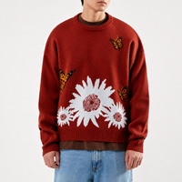 Pull-over pour homme en coton tricoté, col rond, coupe ample, jacquard marguerite et papillon, ourlet effiloché