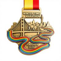 Médaille de marathon en laiton antique gravée sur mesure avec logo de carte, commande en gros, médaille de ville personnalisée pour les sportifs, médaille de finisseur 2D/3D