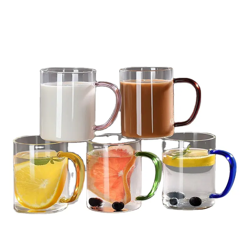 Large Clear Glass Cup with Colorful Handle for Hot/Cold Coffee Tea Beverage, Thicker Quality for Safe Use Every Day