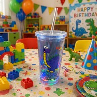 Gobelet LED lumineux à double paroi de 16 oz avec logo personnalisé, motif dinosaure, couvercles et pailles, idéal pour les fêtes, vente en gros, gobelet clignotant