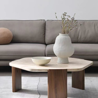 Table basse VBD style Wabi-Sabi en bois massif avec plateau en travertin, forme irrégulière, minimaliste, rétro, pour salon, meubles de maison, petite taille