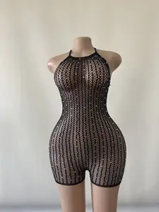 New Sexy Women 1 Piece Sheer Rhinestone Fishnet Bodysuit Mesh Shiny Nightclub Lingerie See Through Exotic Bodysuit Lingerie