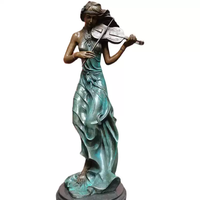 Sculpture de femme en bronze coulé avec harpe, patine antique, statue de musicienne, base nuage, ornement décoratif pour hall intérieur