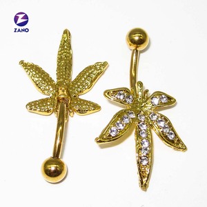 Anneau de piercing pour nombril d'enfant en acier inoxydable de qualité médicale, zircon cristallin, sans nickel, plaqué or, feuilles d'érable - Product Image 4