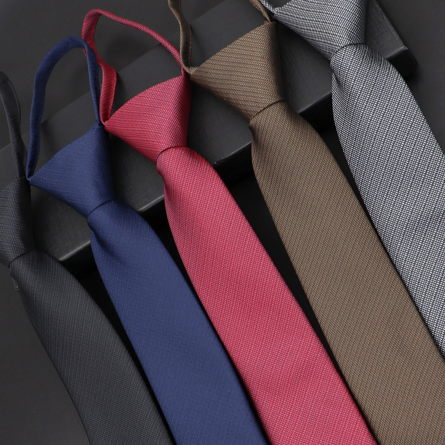 Men's Lazy Tie Solid Color Skinny Zipper Ties Red Black Blue Brown