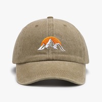 Casquette Dad Hat 6 panneaux à visière courbée réglable en coton délavé avec broderie Montagne au lever du soleil pour la randonnée en extérieur, OEM, vente en gros, usine