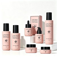 Ensemble d'emballages cosmétiques en verre rose givré avec flacon compte-gouttes, flacon pompe et pot vide rechargeable pour marque de soins de la peau avec boîte
