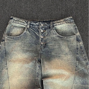 Pantalones Casuales de Mezclilla Lavada de Primera Calidad, 100% Algodón, con Tinte Anudado, Lavado Monkey, Estilo Vintage, Corte Recto para Hombre - Product Image 2