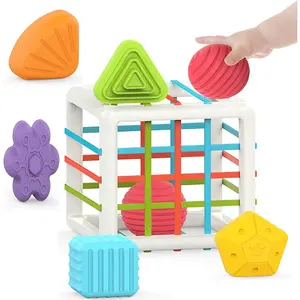 Mainan Bayi Sortir Bentuk, Kubus Warna-warni dan 6 Buah Bentuk Multi Sensorik, Mainan Belajar Pengembangan untuk Bayi