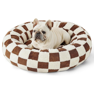 Indoor Cute Modern <b>Donut</b> Small Dog <b>Bed</b> Blue Calming Faux Fur Jacquard Shaggy Plush Anti Slip Bottom Removable Washable - Product Image 1