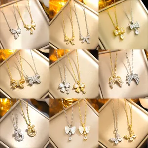 New Stainless Steel 18K Gold Opal Zircon Clover Bow Pendant Necklace Women Cz Pearl Butterfly Heart Necklace For Gift