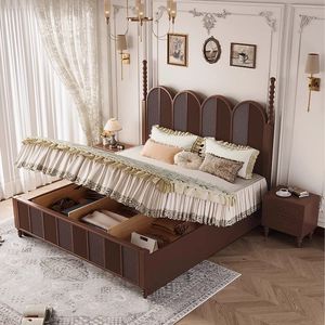 Lit de rangement de style français vintage 1,8 m, lit double avec tiroirs hauts, cadre en bois d'hévéa, lit pneumatique pour adultes, enfants et personnes âgées - Product Image 4
