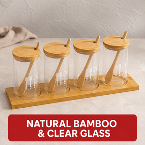 Bambus-Glas-Gewürzgläser-<span class=keywords><strong>Set</strong></span>, 4-teilig, weiß bedruckt, Küchengeschirr-Design, Holzdeckel mit Löffelhalterung & Schlitze, Salz-Zucker-Aufbewahrung - Product Image 2