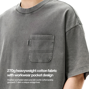 เสื้อยืดคอกลมทรงหลวม Z251 ผ้าถักเนื้อแน่น สไตล์สตรีทแวร์ ล้างสีแบบแอซิดวอช สำหรับผู้ชาย ทรงดรอปไหล่ มีกระเป๋าทรงบ็อกซี่ ผ้าหนา 270 GSM ไซส์ใหญ่ - Product Image 4