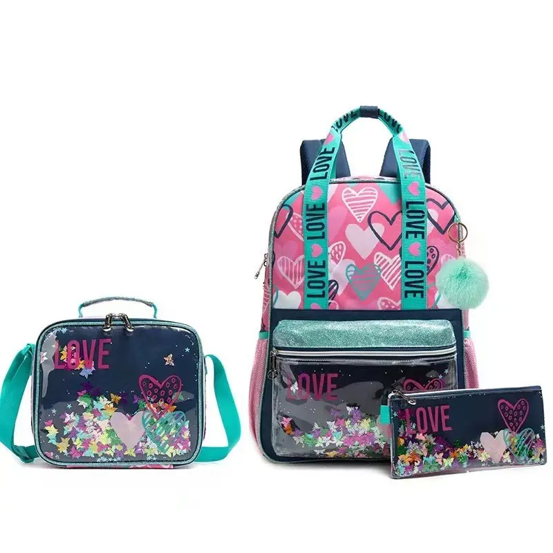 Kinder glitzern Schult asche 3-teiliger transparenter Liebes rucksack für Grundschüler Mahlzeit Tasche Stift Tasche Süße Kinder bac