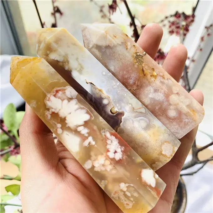 wholesale natural flower agate points cherry blossom agate crystal wands for gifts