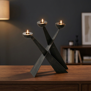 Premium <b>Black</b> Metal Triple Candle <b>Holder</b> Stand Modern Geometric Taper <b>Candlestick</b> Decorative Tabletop Home Dining Decor Elegance - Product Image 2