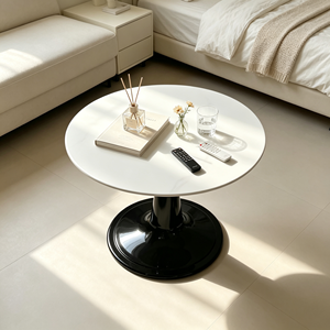 Modern <b>Round</b> <b>Side</b> <b>Table</b> White Tabletop Glossy <b>Black</b> Pedestal Base Silver Decor Ring Living Room <b>Table</b> Hotel Accent Furniture - Product Image 4