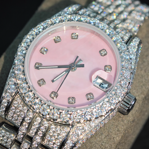 Reloj Mecánico Automático con Esfera Rosa, Diamantes Moissanite Reales VVS de Lujo, con Certificado GRA, con Indicador de Fecha - Product Image 1