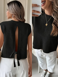 Gilet en maille dos nu pour femme, été 2026, sans manches, col rond noir, à nouer dans le dos, respirant, 100 % polyester 180g, décontracté, usage quotidien - Product Image 1