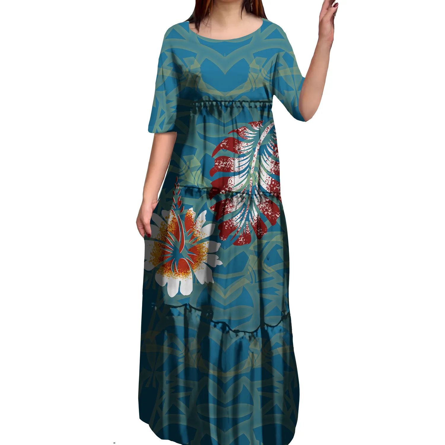 1 Moq Duurzame Polynesische Aangepast Op Vraag O-hals Tiered Jurk Blauw Pacific Island Art Retro Style Party Mermaid Jurken