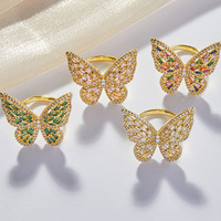 Anillo Abierto de Latón con Diseño de Mariposa Geométrica, Chapado en Oro de 14K, con Circonita, Estilo Lujoso, Unisex, para Oficina/Trabajo