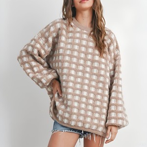 Usine de tricotage OEM en Chine, vente en gros personnalisée de pulls à col rond surdimensionnés et à carreaux en fourrure pour femmes - Product Image 1