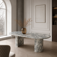 Table à manger ovale de luxe en marbre, pierre naturelle Arabescato, base à double cylindre, mobilier moderne sur mesure pour hôtel, 6 places