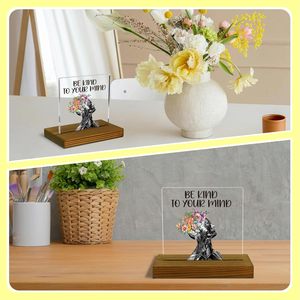 Letrero Decorativo de Acrílico y Madera para Escritorio con Diseño de Corona Floral, Frase de Amor y Cuidado Personal, Forma Rectangular, Amate a Ti Mismo - Product Image 3