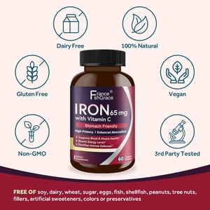 Suplemento de Hierro 65 mg con Vitamina C, Aumenta los Niveles de Energía, Suplemento para la Salud de Adultos, Tabletas de Hierro - Product Image 5