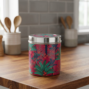 Round Stainless steel Food Container with Bohemian Tropical Print Red Airtight Lid 1-3L Storage Jar - Product Image 4