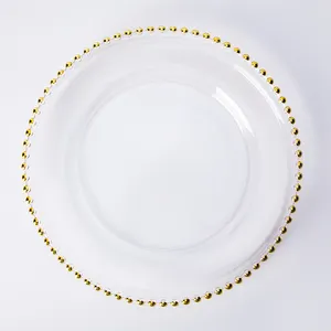 Hot Sale Clear Gold Design 13 Inch Glasplaat Bruiloft Continu Gebruik Ronde Dinerplaat Elegante Luxe Opladerplaat