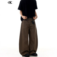 Pantalon décontracté YOFA pour homme, coupe ample, style américain, 100 % coton, kaki et marron délavé, jambe large, qualité supérieure
