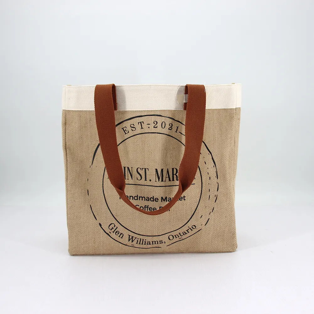 Custom Printed Eco Friendly Large Shopping Tote Burlap Vintage Jute Bag With Leather Handles