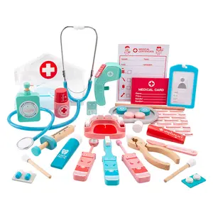 Doctor Toys for Children Set Kids Wooden Pretend Play Kit Games for Girls Boys Red Medical Dentist Medicine Box