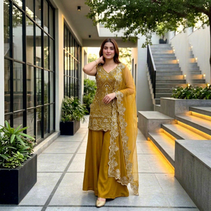 Ensemble Salwar Kameez ethnique pour femme, broderie lourde, avec Dupatta et Palazzo, tenue de mariage et de fête, haut court tissé coupe ample - Product Image 1