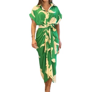 D4556 abito lungo stampato in Chiffon 2024 <span class=keywords><strong>primavera</strong></span> ed <span class=keywords><strong>estate</strong></span> da donna con risvolto a maniche corte a vita alta - Product Image 1