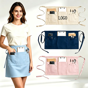 Delantal Unisex de Polialgodón <span class=keywords><strong>Azul</strong></span> de Media Longitud, Resistente al Desgaste, con 5 Bolsillos Integrados, Uniforme de Trabajo para Camareros y Camareras de Restaurante - Product Image 1