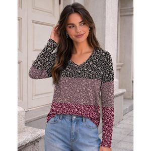 Blusa de manga larga con cuello en V para mujer, estampado floral, informal, para el trabajo, camisa de popelina elástica, tallas S a 3XL - Product Image 3