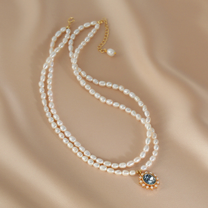 1483 Small Pearl Necklace Stacked with Double Chain - Product Image 1
