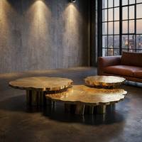Ensemble de 3 tables basses en acier inoxydable doré gravé, sculpture en forme de souche d'arbre, table centrale pour salon de luxe, décoration d'hôtel