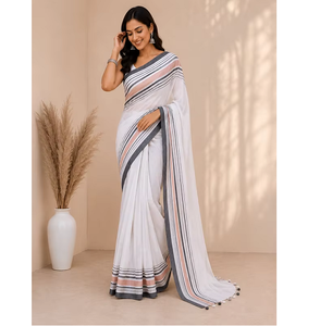 White Cotton Blend Traditional Saree for Women Elegant Soft Lightweight Ethnic Fashion Wear for <b>Office</b> Festival and Events - Product Image 2