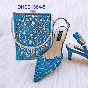 Latest women Hollow out shoes and bag set high quality square clutch bag & mesh shoes with stones
