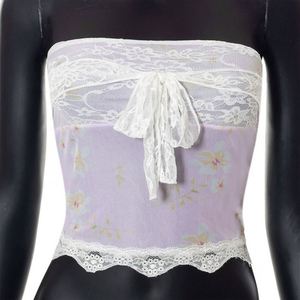 Ouvert nombril cravate femmes haut poitrine été paiement d'intérêts <span class=keywords><strong>2022</strong></span> pull sans manches impression dentelle - Product Image 3
