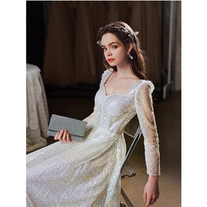 Silver Sequined Evening Gown Long Sleeve Sweetheart Neckline A-Line Empire Waist Wedding Dress Reception Performance Host Dress - Product Image 4