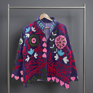 Purple Velvet Knitted Embroidered Suzani Jacket Floral Handmade Winter Autumn Boho Cotton <b>Coat</b> <b>for</b> <b>Women</b> - Product Image 3