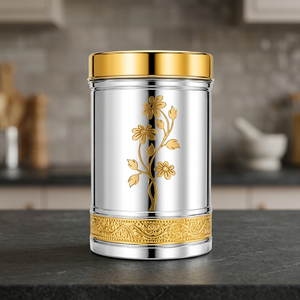 Modern Luxury Metal Spice Container Round Airtight <b>Food</b> Storage <b>Jar</b> with Gold Floral Design Polished Finish - Product Image 3