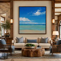 Toile murale artisanale en bois Paysage marin turquoise Ciel bleu Océan Paysage côtier serein Décoration murale pour hôtel, villa, salon