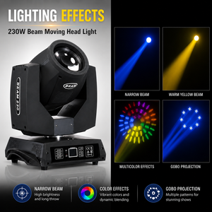 Projecteur Beam Moving Head 230W 7R 200W 5R DMX512 16CH avec Gobo, Prisme, Effet Frost et Roue de Couleurs 540 °   Microphone pour concerts, clubs, DJ, mariages, théâtres - Product Image 1