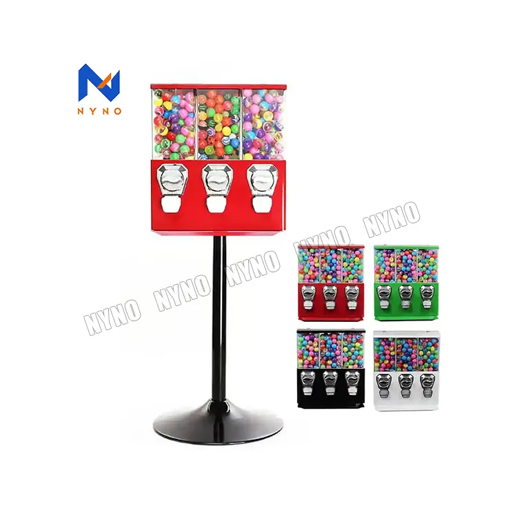 Yeni tasarım sikke işletilen gumball makineleri ile üçlü şeker oyuncak kapsül kabarık topu gumball otomat metal standı